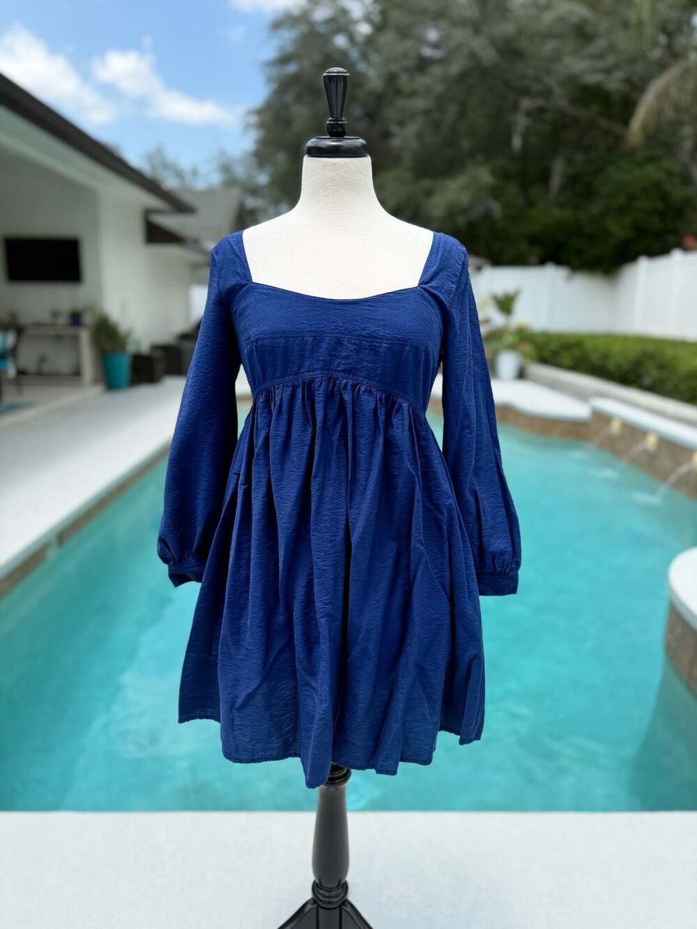 Banana Republic Indigo Blue Gathered-Waist Long Sleeve Mini Dress